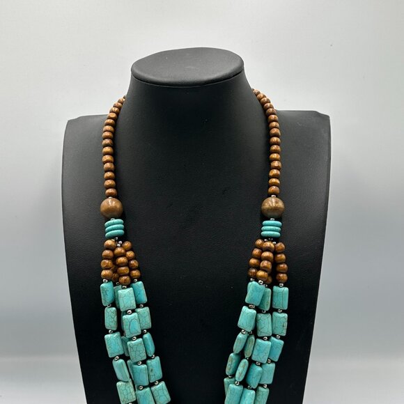 Faux Turquoise Beaded Necklace Wood Beads Multi Strand Statement Boho Western - Picture 4 of 11
